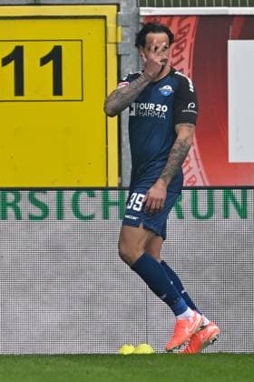 Paderborn, Home Deluxe Arena, 15 03 25, GER, Herren, 2 Bundesliga, Saison 2024 2025, SC Paderborn 07 1 FC Kaiserslautern Bild Adriano GRIMALDI Paderborn jubilates after his goal for 4 3 Only for editorial use DFL regulations prohibit any use of photographs as image sequences and or quasi video NRW Germany