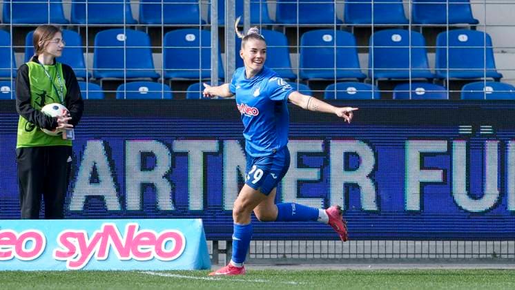 Goalscorer Selina Cerci TSG, 29 , cheers about the goal to 4 1, cheer, cheer, goal celebration, celebrate the goal, goal, celebration, cheers about the goal, rejoicing, joy, rejoices, optimistic, positive, game scene, highlight, single image, single photo, action, action, 15 03 2025, Sinsheim Hoffenheim Germany , Football, Google Pixel Women Bundesliga, TSG 1899 Hoffenheim 1 FC Köln, DFB DFL REGULATIONS PROHIBIT ANY USE OF PHOTOGRAPHS AS IMAGE SEQUENCES AND OR QUASI VIDEO xozx