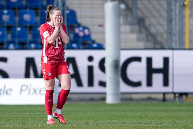 Adriana Achcinska Köln, 9 , 1 FC Köln players, looking disappointed, disappointment, frustration, disappointed, pessimistic, after conceding the goal to 4 1, action, action scene, 15 03 2025, Sinsheim Hoffenheim Germany , Football, Google Pixel Women Bundesliga, TSG 1899 Hoffenheim 1 FC Köln, DFB DFL REGULATIONS PROHIBIT ANY USE OF PHOTOGRAPHS AS IMAGE SEQUENCES AND OR QUASI VIDEO xozx