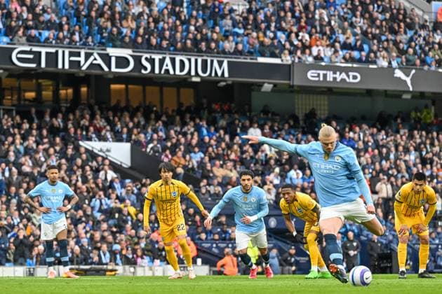15th March 2025; Etihad Stadium, Manchester, England; Premier League Football, Manchester City versus Brighton and Hove Albion; Erling Haaland of Manchester City shoots and scores from the 11th minute penalty kick for 1-0  ActionPlus12761067 LeexDurkin