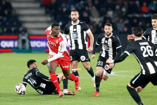 Angers SCO v AS Monaco - Ligue 1 McDonald s 2024 2025 93 Haris BELKEBLA (sco) - 36 Breel EMBOLO (asm) during the Ligue 1 McDonald s match between Angers and Monaco at Stade Raymond Kopa on March 15, 2025 in Angers, France. Angers France  Copyright: xFEPx 776296031