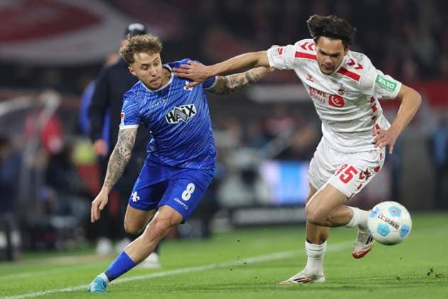 Luca Marseiler SV Darmstadt 98 and Max Finkgraefe 1 FC Koeln battle for the ball during the 2 Bundesliga match between 1 FC Köln and SV Darmstadt 98 at RheinEnergieStadion on March 15, 2025 in Cologne, Germany, Germany Photo by Oliver Kaelke DeFodi Images Luca Marseiler SV Darmstadt 98 and Max Finkgraefe 1 FC Koeln battle for the ball during the 2 Bundesliga match between 1 FC Köln and SV Darmstadt 98 at RheinEnergieStadion on March 15, 2025 in Cologne, Germany Photo by Oliver Kaelke DeFodi Images DFB DFL REGULATIONS PROHIBIT ANY USE OF PHOTOGRAPHS AS IMAGE SEQUENCES AND OR QUASI VIDEO Photo by Oliver Kaelke DeFodi Images