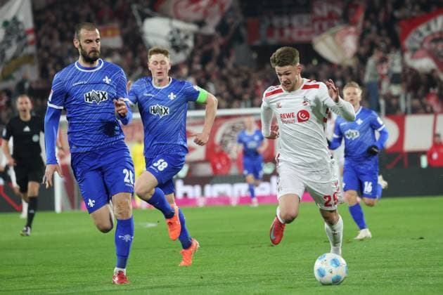 Jan Thielmann Koeln 29 and Aleksandar Vukotic Darmstadt 20 , GER, 1 FC Koeln vs SV Darmstadt 98, 2 Fussball Bundesliga, Matchday 26, Season 2024 2025, 15 03 2025, DFL REGULATIONS PROHIBIT ANY USE OF PHOTOGRAPHS AS IMAGE SEQUENCES AND OR QUASI VIDEO, GER, 1 FC Koeln vs SV Darmstadt 98, 2 Fussball Bundesliga, Matchday 26, Season 2024 2025, 15 03 2025, Koeln Copyright: xEibner-Pressefoto JoergxNiebergallx EP_JNL