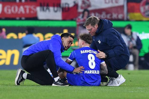 Soccer 2 Bundesliga 26 Matchday 1 FC Köln SV Darmstadt 98 on 15 03 2025 at RheinEnergieStadion in Cologne Luca Marsiler Darmstadt injured on the ground DFL regulations prohibit any use of photographs as image sequences and or quasi video xRx