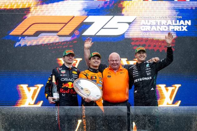 Max Verstappen Oracle Red Bull Racing, 01 , Lando Norris McLaren Formula 1 Team, 04 , George Russell Mercedes AMG Petronas F1 Team, 63 cheering on the podium at the podium ceremony, AUS, Formula 1 World Championship, Luis Vuitton Australian Grand Prix, Albert Park Circuit Melbourne, Race, 2025 season, 16 03 2025 AUS, Formula 1 World Championship, Luis Vuitton Australian Grand Prix, Albert Park Circuit Melbourne, Race, 2025 season, 16 03 2025 Melbourne Copyright: xEibner-Pressefoto Memmlerx EP_MMR