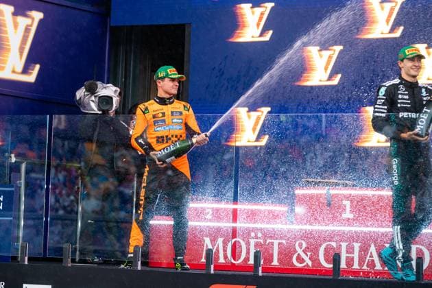 March 16, 2025, Melbourne, Victoria, Australia: McLaren Formula 1 Team driver LANDO NORRIS of the United Kingdom sprays champagne on the podium of the Formula 1 Louis Vuitton Australian Grand Prix 2025 on March 16, 2025 in Melbourne, Australia. Melbourne Australia - ZUMAf186 20250316_zsp_f186_057 Copyright: xJamesxForresterx