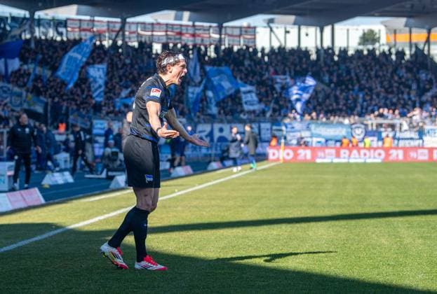 Soccer, Men, Season 2024 2025, 2 Bundesliga 26 Matchday , Eintracht Braunschweig Hertha BSC, Fabian Reese Hertha BSC , Celebration after goal to 0 1, 16 03 2025, Copyright: xSebastianxRäppold MatthiasxKochx
