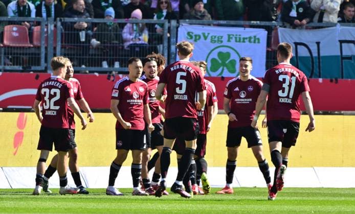 16 03 2025 Soccer Season 2024 2025 2 Soccer Bundesliga 26 Matchday 1 FC Nürnberg FCN Club SpVgg Greuther Fürth Kleeblatt Derby Frankenderby Sportfoto Zink MeZi xmexzix DFL regulations prohibit any use of photographs as image sequences and or quasi video only for editorial use Torjubel Jubel Freude nach Treffer Tor Torschuß zum 1 0 durch Julian Justvan 10, 1 FC Nürnberg FCN
