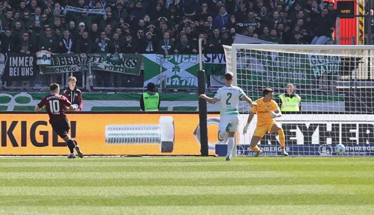 16 03 2025 Soccer Season 2024 2025 2 Soccer Bundesliga 26 Matchday 1 FC Nürnberg FCN Club SpVgg Greuther Fürth Kleeblatt Derby Frankenderby Sportfoto Zink DaMa xdaxmax DFL regulations prohibit any use of photographs as image sequences and or quasi video only for editorial use Tor Treffer Goal shot for 1 0 Goalscorer Julian Justvan 10, 1 FC Nürnberg FCN gg Nahuel Noll 44, SpVgg Greuther Fürth