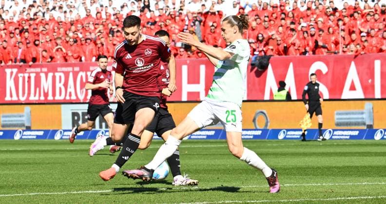 16 03 2025 Soccer Season 2024 2025 2 Soccer Bundesliga 26 Matchday 1 FC Nürnberg FCN Club SpVgg Greuther Fürth Kleeblatt Derby Frankenderby Sportfoto Zink xwoxzix DFL regulations prohibit any use of photographs as image sequences and or quasi video only for editorial use Stefanos Tzimas 9, 1 FC Nürnberg FCN Noah Loosli 25, SpVgg Greuther Fürth