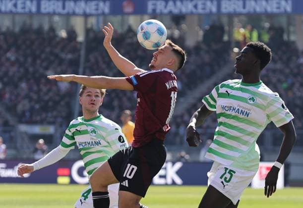 16 03 2025 Soccer Season 2024 2025 2 Soccer Bundesliga 26 Matchday 1 FC Nürnberg FCN Club SpVgg Greuther Fürth Kleeblatt Derby Frankenderby Sportfoto Zink DaMa xdaxmax DFL regulations prohibit any use of photographs as image sequences and or quasi video only for editorial use Marco John 24, SpVgg Greuther Fürth Julian Justvan 10, 1 FC Nürnberg FCN Joshua Quarshie 15, SpVgg Greuther Fürth