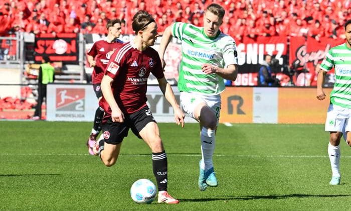 16 03 2025 Soccer season 2024 2025 2 Soccer Bundesliga 26 Matchday 1 FC Nürnberg FCN Club SpVgg Greuther Fürth Kleeblatt Derby Frankenderby Sportfoto Zink xwoxzix DFL regulations prohibit any use of photographs as image sequences and or quasi video only for editorial use Caspar Jander 20, 1 FC Nürnberg FCN Gian Luca Gian Luca Itter 27, SpVgg Greuther Fürth