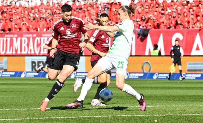 16 03 2025 Soccer Season 2024 2025 2 Soccer Bundesliga 26 Matchday 1 FC Nürnberg FCN Club SpVgg Greuther Fürth Kleeblatt Derby Frankenderby Sportfoto Zink xwoxzix DFL regulations prohibit any use of photographs as image sequences and or quasi video only for editorial use Stefanos Tzimas 9, 1 FC Nürnberg FCN Noah Loosli 25, SpVgg Greuther Fürth