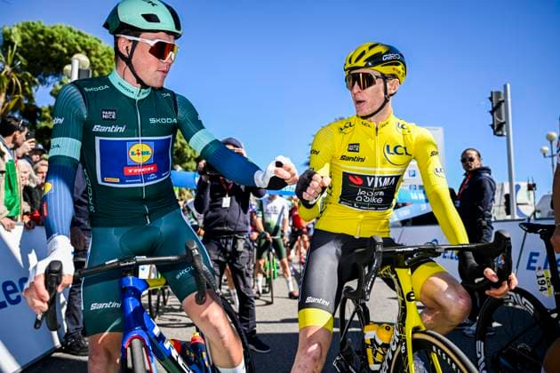 Paris - Nice 2025 - stage 8 NICE, FRANCE - MARCH 16 : Pedersen Mads (DEN) of Lidl - Trek and Jorgenson Matteo (USA) of Team Visma Lease A Bike at the start line during stage 8 and final stage of the 83th edition of the Paris - Nice cycling race, a stage of 119,9km with start and finish in Nice on March 16, 2025 in Nice, France, 16 03 2025 ( Motordriver Kenny Verfaillie - Nice France  Copyright: xNicoxVereeckenx