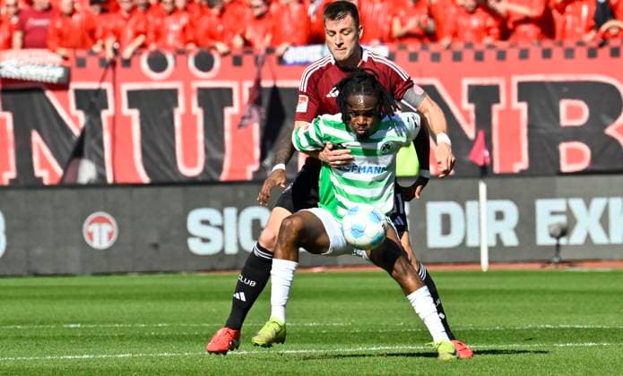 16 03 2025 Soccer Season 2024 2025 2 Soccer Bundesliga 26 Matchday 1 FC Nürnberg FCN Club SpVgg Greuther Fürth Kleeblatt Derby Frankenderby Sportfoto Zink xwoxzix DFL regulations prohibit any use of photographs as image sequences and or quasi video only for editorial use Noel Futkeu 9, SpVgg Greuther Fürth Robin Knoche 31, 1 FC Nürnberg FCN