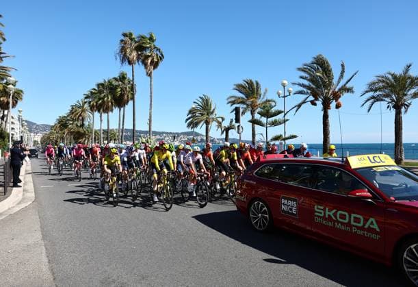 The pack of riders pictured at the start of stage eight of the 83th edition of the Paris-Nice cycling race, 119,9 km from Nice to Nice, France, Sunday 16 March 2025. DAVIDxPINTENS  x115088873x