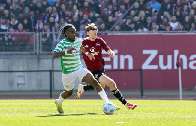16 03 2025 Soccer Season 2024 2025 2 Soccer Bundesliga 26 Matchday 1 FC Nürnberg FCN Club SpVgg Greuther Fürth Kleeblatt Derby Frankenderby Sportfoto Zink DaMa xdaxmax DFL regulations prohibit any use of photographs as image sequences and or quasi video only for editorial use Noel Futkeu 9, SpVgg Greuther Fürth Caspar Jander 20, 1 FC Nürnberg FCN