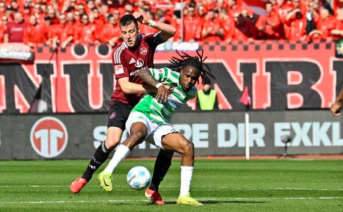 16 03 2025 Soccer Season 2024 2025 2 Soccer Bundesliga 26 Matchday 1 FC Nürnberg FCN Club SpVgg Greuther Fürth Kleeblatt Derby Frankenderby Sportfoto Zink xwoxzix DFL regulations prohibit any use of photographs as image sequences and or quasi video only for editorial use Robin Knoche 31, 1 FC Nürnberg FCN Noel Futkeu 9, SpVgg Greuther Fürth