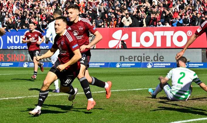 16 03 2025 Soccer Season 2024 2025 2 Soccer Bundesliga 26 Matchday 1 FC Nürnberg FCN Club SpVgg Greuther Fürth Kleeblatt Derby Frankenderby Sportfoto Zink xwoxzix DFL regulations prohibit any use of photographs as image sequences and or quasi video only for editorial use Torjubel Jubel nach Treffer Tor Torschuß zum 2 0 durch Julian Justvan 10, 1 FC Nürnberg FCN Julian Justvan 10, 1 FC Nürnberg FCN Stefanos Tzimas 9, 1 FC Nürnberg FCN