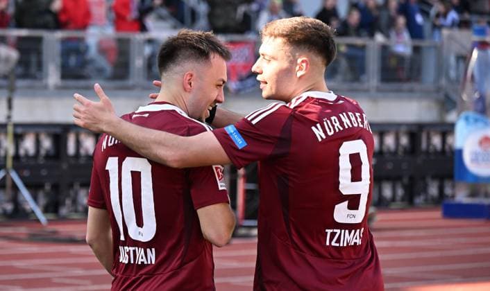 16 03 2025 Soccer Season 2024 2025 2 Soccer Bundesliga 26 Matchday 1 FC Nürnberg FCN Club SpVgg Greuther Fürth Kleeblatt Derby Frankenderby Sportfoto Zink xwoxzix DFL regulations prohibit any use of photographs as image sequences and or quasi video only for editorial use Torjubel Jubel nach Treffer Tor Torschuß zum 2 0 durch Julian Justvan 10, 1 FC Nürnberg FCN Julian Justvan 10, 1 FC Nürnberg FCN Stefanos Tzimas 9, 1 FC Nürnberg FCN