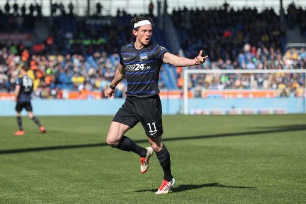 16 03 2025, xtgx, Fußball 2 Bundesliga, Eintracht Braunschweig Hertha BSC Berlin emspor, v l Fabian Reese Hertha, 11 Jubel, Torjubel, jubelt ueber das Tor, celebrate the goal, celebration DFL DFB REGULATIONS PROHIBIT ANY USE OF PHOTOGRAPHS as IMAGE SEQUENCES and or QUASI VIDEO Braunschweig