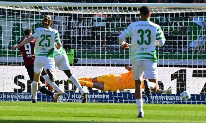 16 03 2025 Soccer Season 2024 2025 2 Soccer Bundesliga 26 Matchday 1 FC Nürnberg FCN Club SpVgg Greuther Fürth Kleeblatt Derby Frankenderby Sportfoto Zink MeZi xmexzix DFL regulations prohibit any use of photographs as image sequences and or quasi video only for editorial use Stefanos Tzimas 9, 1 FC Nürnberg FCN erzielt Treffer Tor Torschuß zum 3 0