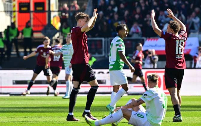16 03 2025 Soccer Season 2024 2025 2 Soccer Bundesliga 26 Matchday 1 FC Nürnberg FCN Club SpVgg Greuther Fürth Kleeblatt Derby Frankenderby Sportfoto Zink MeZi xmexzix DFL regulations prohibit any use of photographs as image sequences and or quasi video only for editorial use Tim Drexler 5, 1 FC Nürnberg FCN Rafael Lubach 18, 1 FC Nürnberg FCN Torjubel Jubel Freude nach Treffer Goal shot for 3 0 by Stefanos Tzimas 9, 1 FC Nürnberg FCN