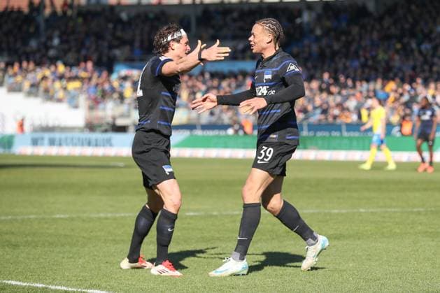 16 03 2025, xtgx, Soccer 2 Bundesliga, Eintracht Braunschweig Hertha BSC Berlin emspor, v l jubilation after the 0 2 by Derry Scherhant Hertha, 39 DFL DFB REGULATIONS PROHIBIT ANY USE OF PHOTOGRAPHS as IMAGE SEQUENCES and or QUASI VIDEO Braunschweig