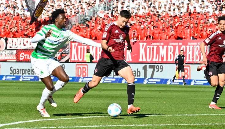 16 03 2025 Soccer Season 2024 2025 2 Soccer Bundesliga 26 Matchday 1 FC Nürnberg FCN Club SpVgg Greuther Fürth Kleeblatt Derby Frankenderby Sportfoto Zink xwoxzix DFL regulations prohibit any use of photographs as image sequences and or quasi video only for editorial use Stefanos Tzimas 9, 1 FC Nürnberg FCN erzielt Treffer Tor Torschuß zum 3 0 gegen Gideon Jung 23, SpVgg Greuther Fürth