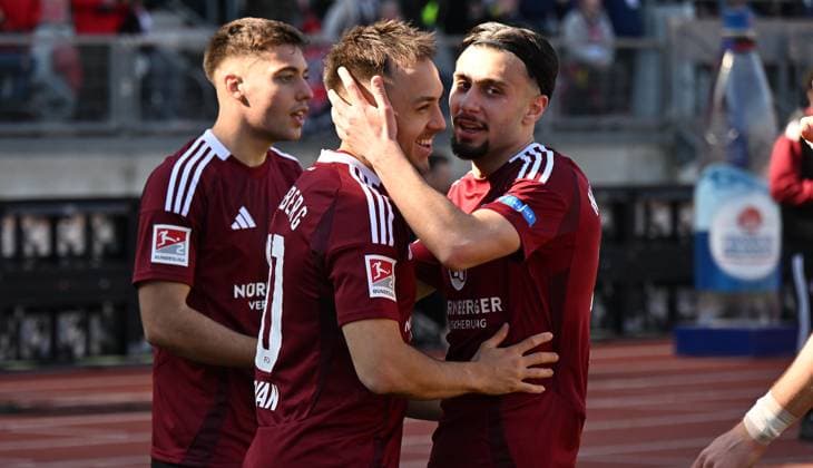 16 03 2025 Soccer Season 2024 2025 2 Soccer Bundesliga 26 Matchday 1 FC Nürnberg FCN Club SpVgg Greuther Fürth Kleeblatt Derby Frankenderby Sportfoto Zink xwoxzix DFL regulations prohibit any use of photographs as image sequences and or quasi video only for editorial use Torjubel Jubel nach Treffer Tor Torschuß zum 2 0 durch Julian Justvan 10, 1 FC Nürnberg FCN Julian Justvan 10, 1 FC Nürnberg FCN Berkay Yilmaz 21, 1 FC Nürnberg FCN