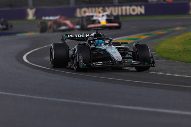 16th March 2025; Melbourne Grand Prix Circuit, Melbourne, Victoria, Australia; Australian Formula 1 Grand Prix; Race Day; Number 63 Mercedes AMG Petronas driver George Russell in wet conditions during the race  ActionPlus12762229 StephenxBlackberry