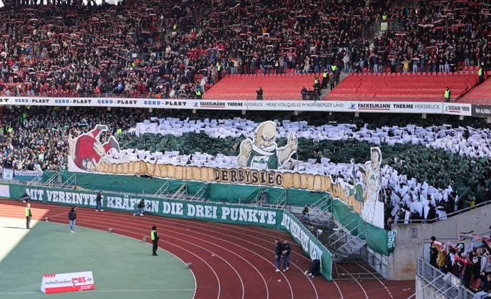 16 03 2025 Soccer season 2024 2025 2 Soccer Bundesliga 26 Matchday 1 FC Nürnberg FCN Club SpVgg Greuther Fürth Kleeblatt Derby Frankenderby Sportfoto Zink DaMa xdaxmax DFL regulations prohibit any use of photographs as image sequences and or quasi video only for editorial use Choreography of the cloverleaf fans before the start of the match