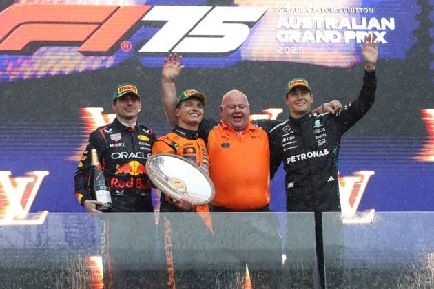 March 16, 2025: MAX VERSTAPPEN of Red Bull Racing, LANDO NORRIS of McLaren, ROB MARSHALL Chief Designer of McLaren, and GEORGE RUSSELL of Mercedes celebrate on the podium at the 2025 Australian Formula 1 Grand Prix on March 16, 2025 in Melbourne, VIC Australia - ZUMAa155 20250316_aaa_a155_024 Copyright: xChristopherxKhouryx