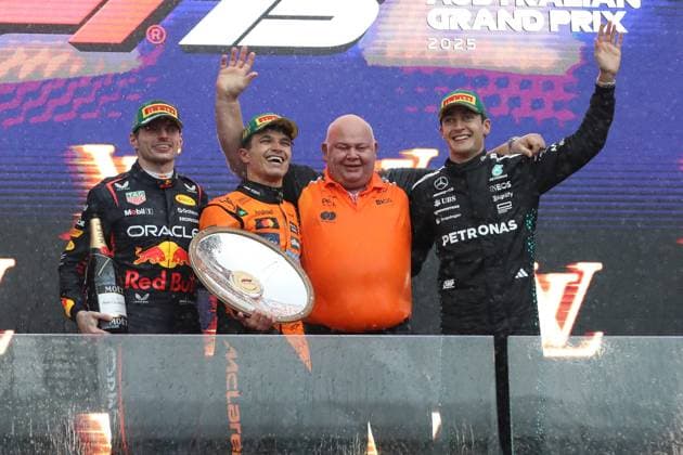 March 16, 2025: MAX VERSTAPPEN of Red Bull Racing, LANDO NORRIS of McLaren, ROB MARSHALL Chief Designer of McLaren, and GEORGE RUSSELL of Mercedes celebrate on the podium at the 2025 Australian Formula 1 Grand Prix on March 16, 2025 in Melbourne, VIC Australia - ZUMAa155 20250316_aaa_a155_032 Copyright: xChristopherxKhouryx