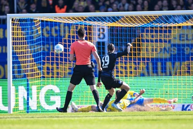 2 Liga Eintracht Braunschweig Hertha BSC Berlin on 16 03 2025 at Eintracht Stadion in Braunschweig Goal to 0 2 Goalscorer Derry Scherhant Hertha BSC Berlin with the goal to 0 2 MT