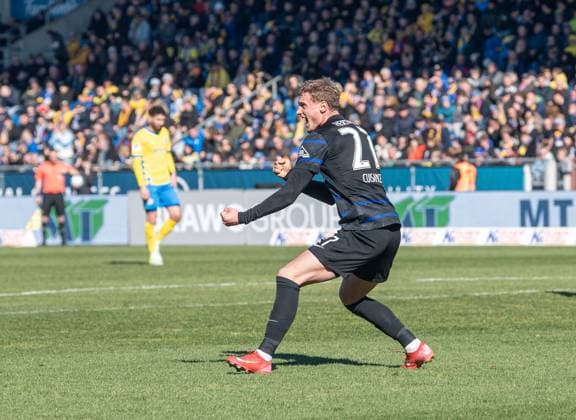 Soccer, Men, Season 2024 2025, 2 Bundesliga 26 Matchday , Eintracht Braunschweig Hertha BSC, Michael Cuisance Hertha BSC , Cheering after goal to 0 2, 16 03 2025, Copyright: xSebastianxRäppold MatthiasxKochx