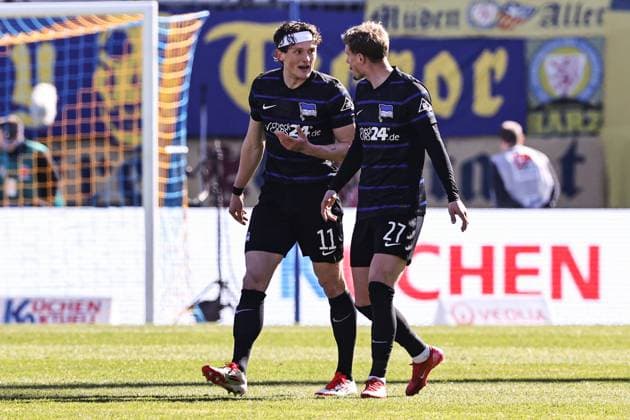 Goalscorer Fabian Reese Hertha BSC Berlin,11 scores to 0 1 with Michael Cuisance Hertha BSC Berlin,27 2 Bundesliga Season 2024 2025 Eintracht Braunschweig vs Hertha BSC Berlin at Eintracht Stadion in Braunschweig Action,Soccer,Man,Men,Germany,16 03 2025