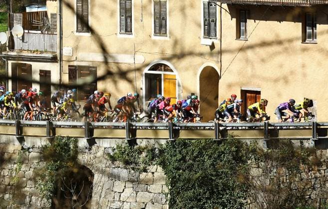 The pack of riders pictured in action during stage eight of the 83th edition of the Paris-Nice cycling race, 119,9 km from Nice to Nice, France, Sunday 16 March 2025. DAVIDxPINTENS  x115094503x