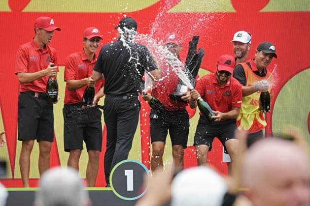 (250316) -- SINGAPORE, March 16, 2025 -- Spain s Sergio Garcia (4th L) of Fireballs GC celebrates with his teammates after winning the team title during the final round of LIV Golf Singapore held at Sentosa Golf Club in Singapore on March 16, 2025. (Photo by Then Chih Wey Xinhua) (SP)SINGAPORE-GOLF-LIV GOLF-FINAL XinxJiapo 