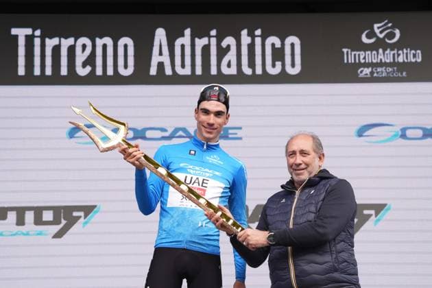 Ayuso Pesquera Juan of Uae Team Emirates winner on the podium with Nicola Allocchio the 60th Tirreno - Adriatico 2025, Stage 7 from Porto Potenza Picena to San Benedetto Del Tronto - on March 16, 2025 in Porto Potenza Picena, Marche, Italy.  Copyright: xMassimoxPaolone LaPressex