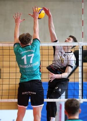 BAU 16 03 2025, Germany, Ludwigsburg, Volleyball 2 Bundesliga, Barock Volleys Ludwigsburg vs TSV Mimmenhausen, f l Lukas Baumgärtner Mim , Tim Köpfli Barock