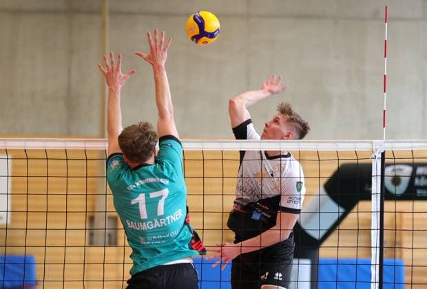 BAU 16 03 2025, Germany, Ludwigsburg, Volleyball 2 Bundesliga, Barock Volleys Ludwigsburg vs TSV Mimmenhausen, f l Lukas Baumgärtner Mim , Philipp Hornung Barock