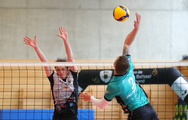 BAU 16 03 2025, Germany, Ludwigsburg, Volleyball 2 Bundesliga, Barock Volleys Ludwigsburg vs TSV Mimmenhausen, f l Ben Simon Bonin Barock , Jan Jalowietzki Mim