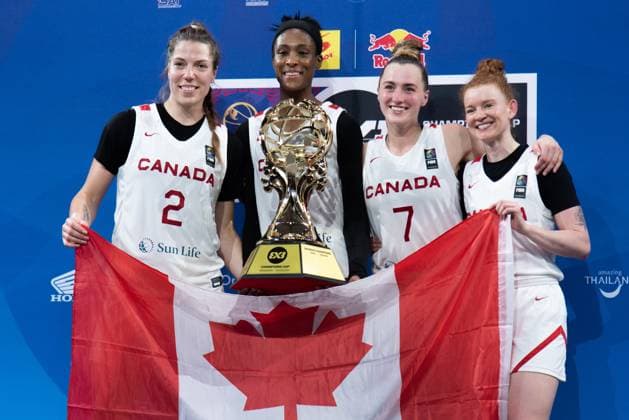 Basketball, Frauen, FIBA 3x3 Champions Cup in Bangkok, Finale, Kanada - Spanien Women s Final FIBA Basketball 3x3 Champions Cup, Canada Vs Spain - 16 Mar 2025 (L-R) Katherine Plouffe, Saicha Grant-Allen, Paige Crozon and Kacie Bosch of Canada women s 3x3 national Basketball team celebrate after winning over Spain in final match during the FIBA Basketball 3x3 Champions Cup 2025 at Central World. Final score; Canada 15 : 13 Spain. Bangkok Thailand Copyright: xPeeraponxBoonyakiatx xSOPAxImagesx 3x3W-final21-18