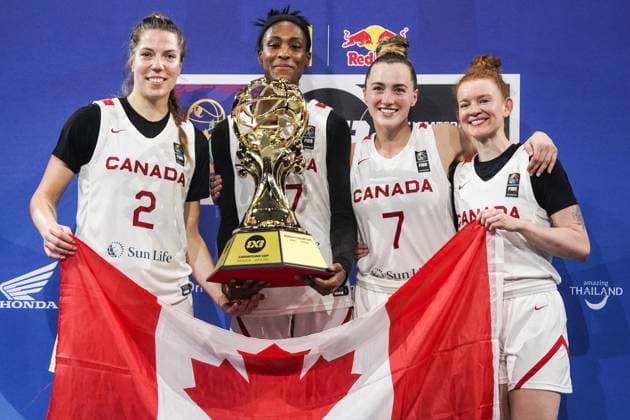 Basketball, Frauen, FIBA 3x3 Champions Cup in Bangkok, Finale, Kanada - Spanien FIBA 3x3 Champions Cup 2025. Canada s players celebrate with the trophy after winning the women s FIBA Basketball 3x3 Champions Cup 2025 final game between Spain and Canada in Bangkok, Thailand, on March 16, 2025. Bangkok Bangkok Thailand  Copyright: xAnusakxLaowilasx originalFilename:laowilas-notitle250316_npeEB.jpg