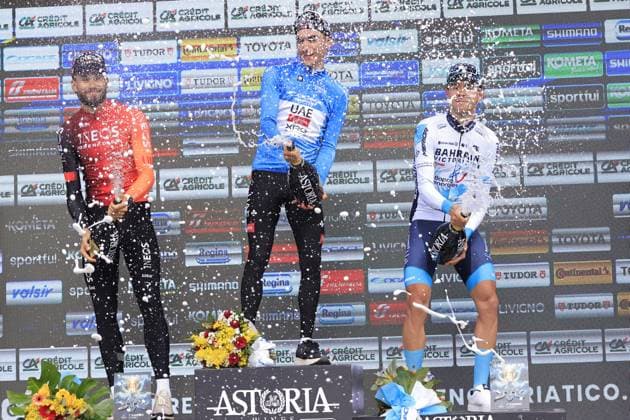 CICLISMO - Tirreno Adriatico - Stage 7 - Porto Potenza Picena San Benedetto del Tronto Tirreno Adriatico 2025 - 60th Edition - 7th stage - Porto Potenza Picena - San Benedetto del Tronto 147 km - 16 03 2025 - AYUSO Juan, GANNA Filippo and TIBERI Antonio during the award ceremony during Stage 7 - Porto Potenza Picena San Benedetto del Tronto, Cycling Tirreno Adriatico race in San Benedetto del Tronto, Italy, March 16 2025 San Benedetto del Tronto Italy  Copyright: xIPAxSport ABACAx