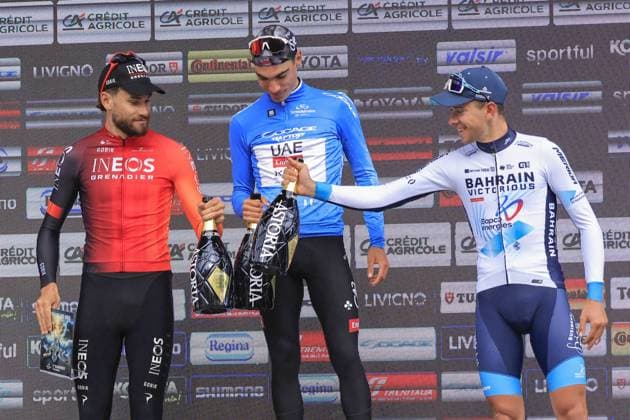 CICLISMO - Tirreno Adriatico - Stage 7 - Porto Potenza Picena San Benedetto del Tronto Tirreno Adriatico 2025 - 60th Edition - 7th stage - Porto Potenza Picena - San Benedetto del Tronto 147 km - 16 03 2025 - AYUSO Juan, GANNA Filippo and TIBERI Antonio during the award ceremony during Stage 7 - Porto Potenza Picena San Benedetto del Tronto, Cycling Tirreno Adriatico race in San Benedetto del Tronto, Italy, March 16 2025 San Benedetto del Tronto Italy  Copyright: xIPAxSport ABACAx