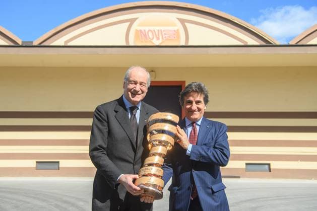 Urbano Cairo e Flavio Repetto rinnovano la partnership tra Novi e Giro d& x2019;Italia, presso gli stabilimenti Novi - Novi Ligure, Luned& xec; 17 Marzo 2025 (Foto Claudio Furlan Lapresse) Urbano Cairo and Flavio Repetto renew the partnership between Novi and Giro d Italia, at the Novi - Novi Ligure facilities, Monday, March 17, 2025 (Photo Claudio Furlan Lapresse)  Copyright: xClaudioxFurlan LaPressex