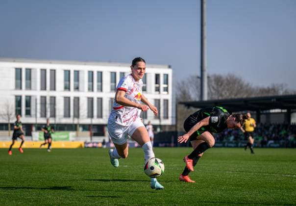 Leipzigs Giovanna Hoffmann with Wolfsburgs Marina Hegering Football 1 Bundesliga Women RB Leipzig VFL Wolfsburg 0 2 08 March 2025 Leipzig, Training Center on Cottaweg RB Leipzig Women VFL Wolfsburg 0 2