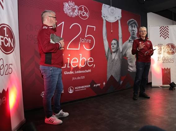 18 03 2025 Soccer 1 FC Nuremberg FCN Club Kick Off Event for the 125th Anniversary of 1 FC Nuremberg Sportfoto Zink DaMa xdaxmax Daniell Westgate Team 125 Jahre Organistaion 1 FC Nuremberg FCN and Bernd Siegler FCN Historian 1 FC Nuremberg FCN present FCN Panini Panini Panini Album